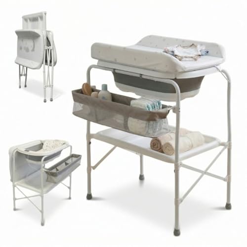 Bathby Bañera Bebé Con Patas Multifuncional 6 En 1: Plegable Con Soporte, Con Termómetro, Cojín Reductor, Cambiador, Bandeja Y Cesta Organizadoras, Desagüe Con Tubo Y Soporte Para Ducha, Gris Pro