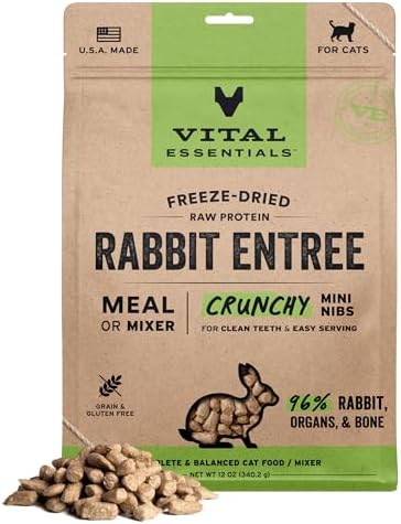 Vital Essentials Freeze Dried Cat Food, Raw Rabbit Crunchy Mini Nibs | Complete Meal or Topper | 96% Rabbit, Organs & Bone | Limited Ingredient, High Protein, Grain Free Dry Cat Food | 12 oz Bag