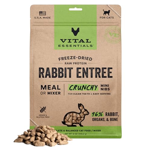 Vital Essentials Freeze Dried Cat Food Raw Rabbit Crunchy Mini Nibs | Complete Meal or Topper | 96% Rabbit Organs & Bone | Limited Ingredient High Protein Grain Free Dry Cat Food | 12 oz Bag