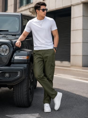 Image of Men's Cargo Trousers-100% Premium Cotton Regular Fit Lightweight Breathable Elastic Waist Multi-Pocket Casual Utility Pants