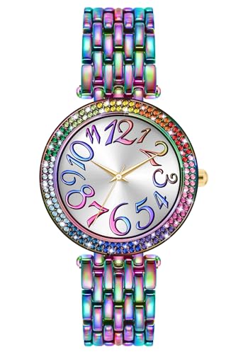 Bisley Women Rainbow Watch Metal Bracelet Iced-Out Face Easy to Read Watch