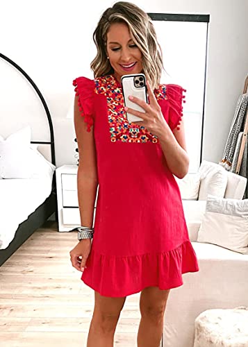Image of KIRUNDO Boho Summer Mini Embroidered Dresses for Women | Floral Embroidery, Casual V Neck, Spring Fashion, Sleeveless Shift, Mexican Style, Ruffle Hem, Cute Country Concert Outfits