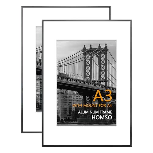 Image of Homso A3 Picture Frame in Black 2 Packs, Metal Thin Board A3 Frame with Acrylic Plexiglass for Pictures A4 with Mat or 11.7 x 16.5 without Mat for Horizontal and Vertical