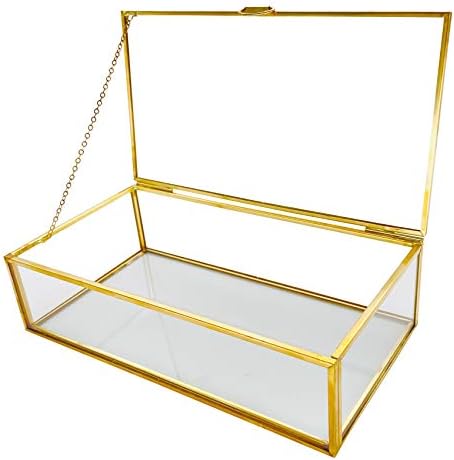 MSRECK Vintage Golden Glass Lidded Box Edge Keepsake Jewelry Organizer, Brass Large Clear Rectangle Box, Decorative Boxes, 8x4.5x2in