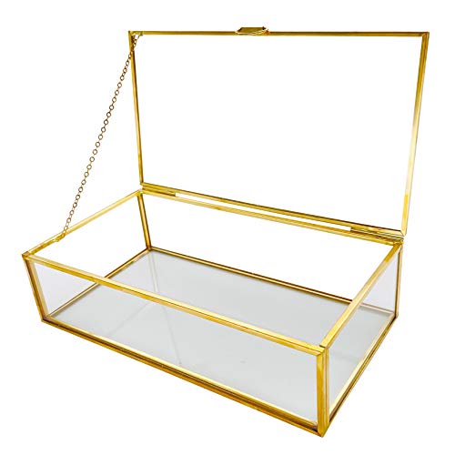 Msreck Vintage Golden Glass Lidded Box Edge Keepsake Jewelry Organizer, Brass Large Clear Rectangle Box, Decorative Boxes, 8X4.5X2In #TOP17