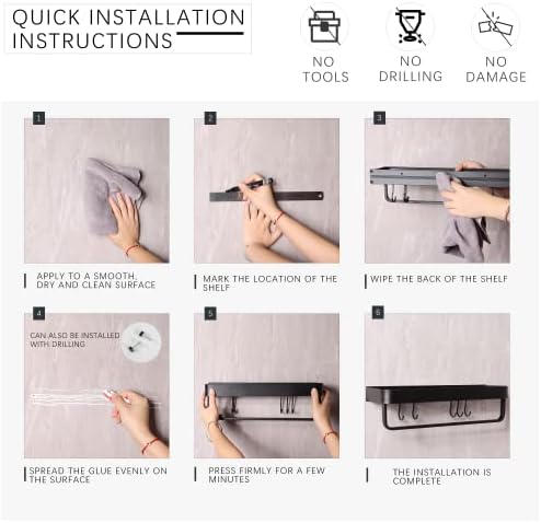 PrimeRack Multifunctional Floating Shelf - Modern, sleek design - No drill - Towel Rail and Hooks Included - Easy To Install