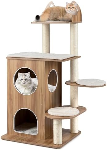 COSTWAY Árbol Rascador para Gatos de Madera, 122 cm de Altura, To...