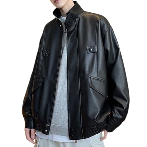 Image of Mens Faux Leather Jacket Full-Zip Stand Collar Outerwear Lightweight Motorcycle Jacket