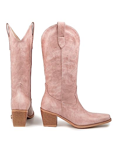 Image of Pasuot Cowboy Boots for Women - Cowgirl Western Mid Calf Boots with Embroidery, Pointed Toe Retro Chunky Heel Slip On Fashion Classic Short Boots Pull On for Ladies Summer Fall