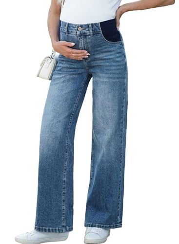 BLENCOT Womens Wide Leg Maternity Jeans Casual Office Pregnancy Pants Summer High Waisted Baggy Mom Trousers Postpartum Outfits with Pockets S Light Blue