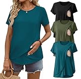 Ekouaer Nursing Shirts 3 Packs Short Sleeve Breastfeeding Tops Summer Maternity T Shirts Postpartum Double Layer Clothes Black/Army Green/Blue Green L
