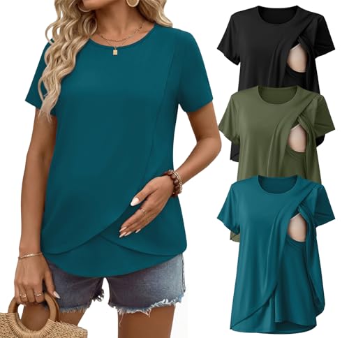 Ekouaer Nursing Shirts 3 Packs Short Sleeve Breastfeeding Tops Summer Maternity T Shirts Postpartum Double Layer Clothes Black/Army Green/Blue Green L