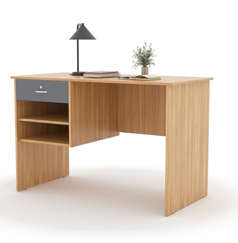 Image of 116x75x56CM Engineered Wood Verto Study & Office Table with Smooth Lockable Drawer and 2 Shelves for Storage | Sturdy DIY Counter, Commercial Table- Urban Teak with Grey