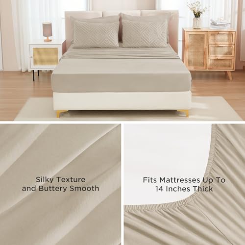 Image of Andency Oatmeal Super King Plus Size Comforter Set with Sheets - 7 Pieces Bed in a Bag Boho Tufted Bedding Sets Fluffy Lightweight Oversized King Bed Set with Comforter, Sheets, Pillowcases & Shams