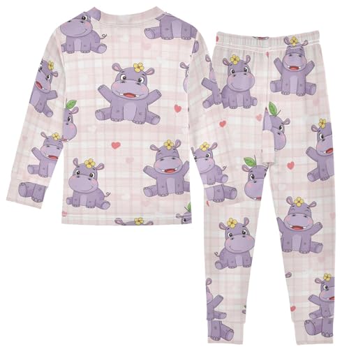 Pajama Sets Long Sleeve Cute Hippo Pattern Design Soft Comfy Sleepwear 2 Piece PJS 3-8T3
