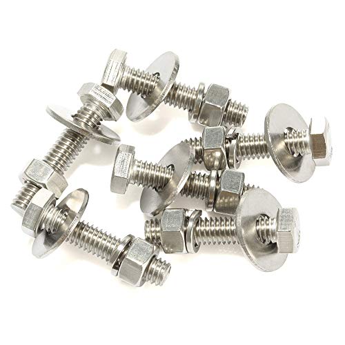 Image of M10-1.5 x 30mm Hex Head Bolts, Hex Nuts, Extra-Large and Thick Flat & Lock Washers, Fully Threaded, 304 Stainless Steel, 6 Sets