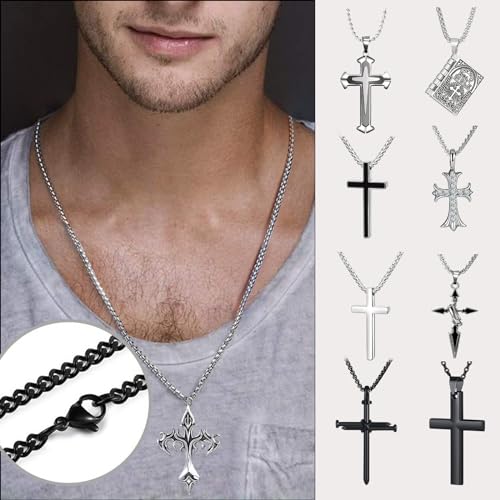 12/24PCS Cross Necklace for Men Silver Chain Jewelry Set Stainless Steel Cross Pendant Goth Necklace for Boys 16-24 inches Chain4