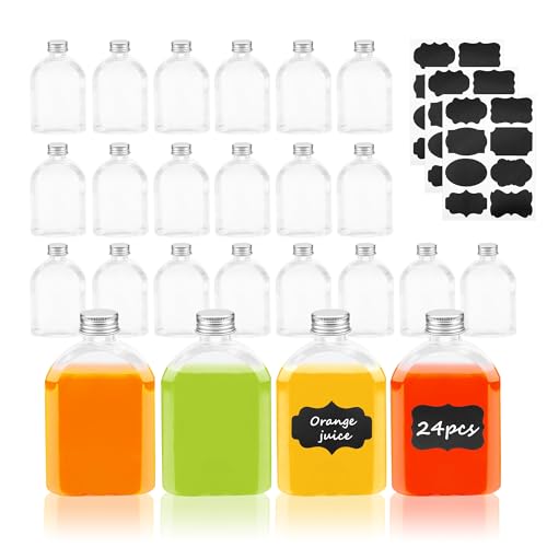 YKUKIZEE 24 Pack Flat 200 ml Plastic Bottles with Aluminum Lids, Empty Plastic Milk Bottles with Sticker, 7 oz Empty Drink Bottles for Homemade Juice Smoothie Beverages Water