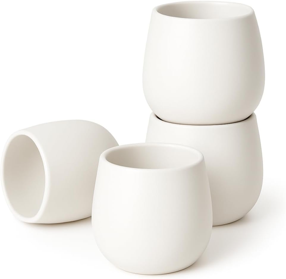 Goodwei Tazas de té japonesas – Tazas de cerámica sin asa, forma redondeada y diseño minimalista – Perfectas para té, matcha, café o espresso - Juego de 4, 200 ml (Camellia White)