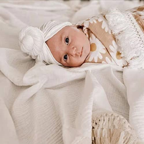 Image of CHUNGEL Cotton Muslin Baby Blanket with Tassel,Large 47" x 47" Baby Receiving Blanket with Fringe, Boho Muslin Swaddle Blanket with Fringe, Nursery Decor Throw or Nursing Fringed Blankets (White)