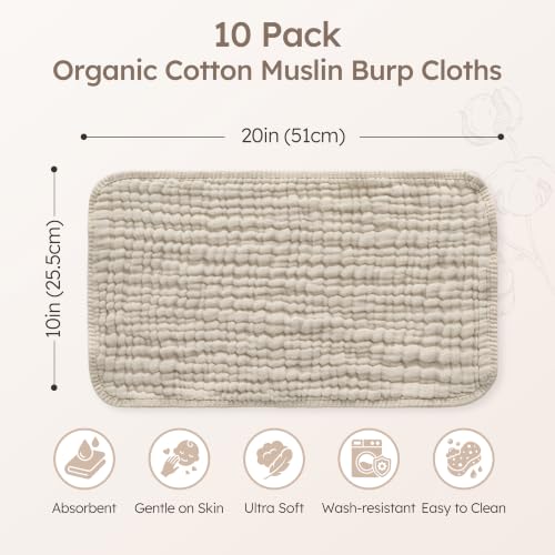 Image of Yoofoss Muslin Burp Cloths for Baby 10 Pack 100% Organic Cotton Baby Washcloths for Boys Girls Large 20''X10'' Super Soft and Absorbent Apricot White