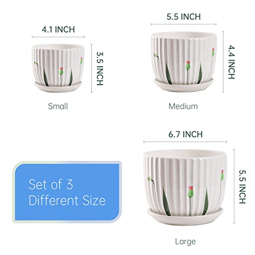 Sin Wings Pink Bud Ceramic Planters For Indoor, Set Of 3 Flower Plant Pot 6.7+5.5+4.1 Inch With Drainage Hole And Saucer #TOP4