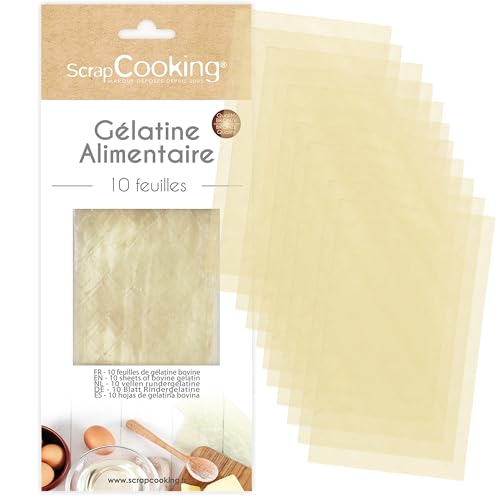 ScrapCooking - 10 Feuilles de Gélatine Bovine - Gélatine Alimentaire pour Cuisine & Pâtisserie - Entremets, Mousses, Panna Cotta, Bonbons, Terrines, Aspics,...