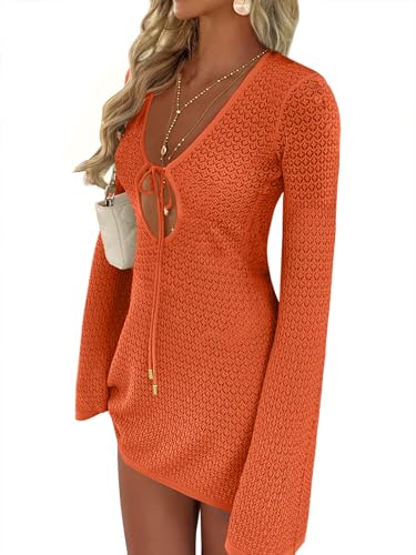 Image of ANRABESS Women's Crochet Swimsuit Cover Up, V Neck Mesh Knit Beach Dress, Long Sleeve Summer Vacation Beachwear