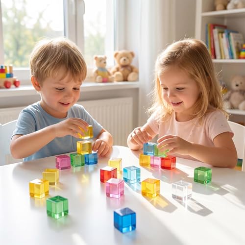 Image of Meooeck 16 Pcs Colored Acrylic Cube Gem Blocks with Wooden Storage Box, Translucent Rainbow Building Stacking Sensory Train Prims Toys for Toddler Kids Montessori School Classroom Supplies