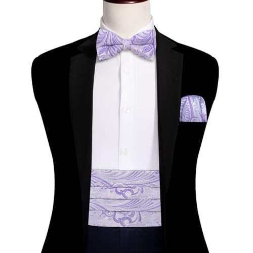 Image of Barry.Wang Men Silk Paisley Cummerbund and Pre-tied Bowtie Handkerchief Cufflink Set for Tuxedo