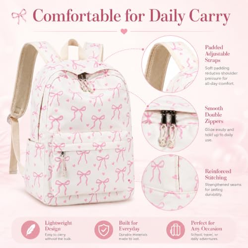 Image of LOIDOU Backpack for Teen Girls Bookbags School Backpack with Lunch Box 2 in 1 School Bags Set (Bow Tie Beige)