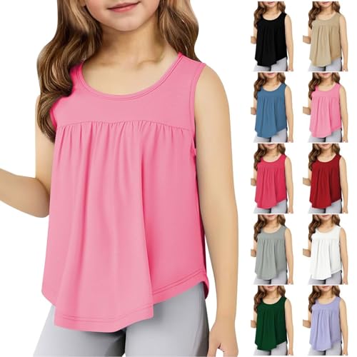 Girls Tank Top Summer Kids Sleeveless T Shirt Plain Loose Athletic Tee Pleated Cool Cotton Workout Tshirt Crewneck