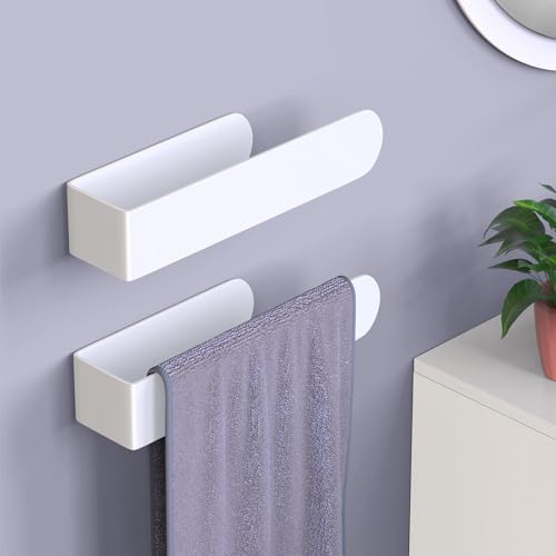 Image of HUFEEOH 2 Pack Adhesive Hand Towel Holder, Kitchen Towel Rack Towel Bars Wall Mounted, Stainless Steel Bath Towel Hanger for Bathroom Hotel Kitchen (White, 8 Inch(2PC))