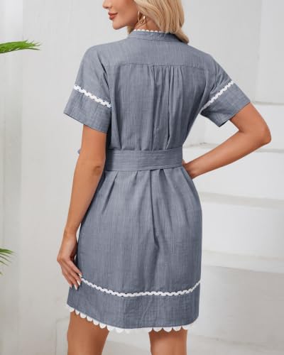 Image of Women's Summer Shirt Dress Short Sleeve Button Down Mini Tie Waist Belted Tunic with Pockets RIC Rac Trim