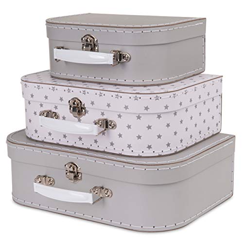 Jewelkeeper Paperboard Suitcases, Set Of 3 – Nesting Storage Gift Boxes For Birthday Wedding Nursery Office Decoration Displays Toys Photos – Gray Stars Design #TOP1