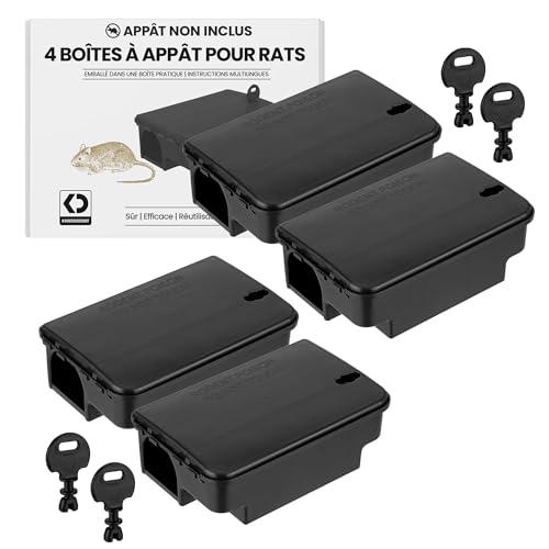 4× Stations d’Appât pour Rats verrouillables avec Autocollants d’Avertissement – Couvercle Noir Robuste – Solution sûre et économique pour Poison à Rats – Intérieur & extérieur (Poison Non Inclus)