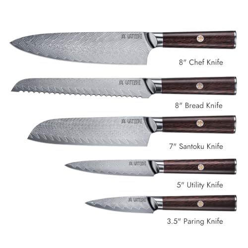Image of Yatoshi Knives Magnetic Kitchen Knife Block Set - Japanese 67 Layer High-Grade VG-10 Steel Knives, Sharp, G10 Handle Professional Kitchen Knife Set - Damascus (6 pieces), Brown Pakkawood Handles