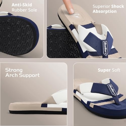 Image of Duosoft Men's Flip Flops, Navy Blue & Beige, Anti-Skid Rubber Sole, Superior Shock Absorption, Strong Arch Support, Super Soft
