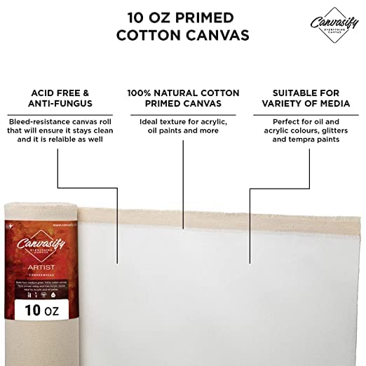 Image of 10oz Primed Cotton Canvas Roll 5 Meter (72 inch X5mtr) Ideal for Oil & Acrylic Paint Drawing Artist Sketch Painting Accessories