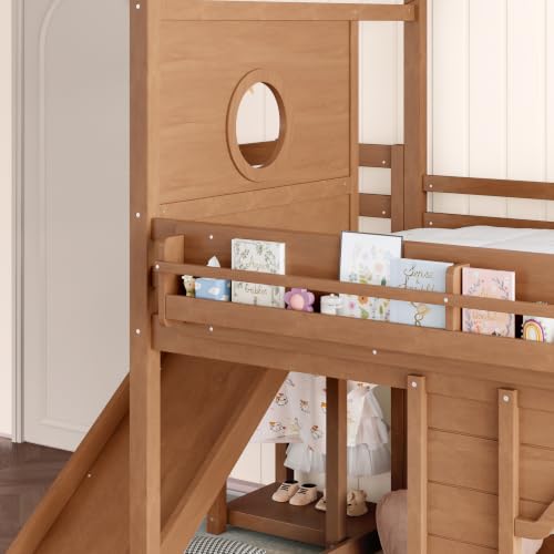 Image of Bellemave Bunk beds Full Over Full with Slide,Bookshelf and Wardrobe House roof Design, Low bunk /loft Bed for Kids, Natural