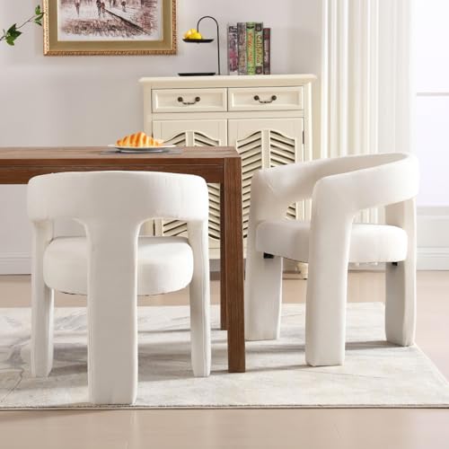 Image of HNY Modern Barrel Kitchen & Dining Room Chairs Set of 2, Chenille Upholstered Accent Chairs with Arm, 18.5'' Wide Side Armchairs Vanity Chairs for Living Room Bedroom Makeup Small Spaces, White