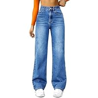 FUNUCA Straight Leg Jeans for Women,High Waisted Wide Leg Loose Microelastic Boyfriend Denim Pants Blue