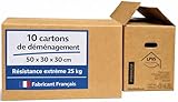 CD Lot 10 Cartons de Déménagement - Fabricant Français - Résistance Extrême 25 kg - Grosse Épaisseur avec Poignées Renforcées - Réutilisable - 50 x 30 x 30 cm - LPVS