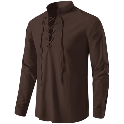 Rodawu Camisas de manga larga de algodón y lino para hombre, estilo medieval, con cordón, estilo Henley, camisetas vikingas, café, L