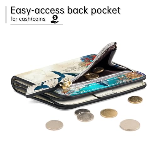 Image of Toughergun Bule Whale RFID Small Wallet Women, Slim Thin Vegan Leather Bifold Wallet with Zipper Coin Pocket & ID Window, Cute Mini Travel Credit Card Holder Gift for Women Ladies Teen Girls