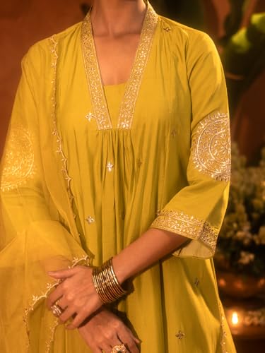 Image of FIORRA Women's Lime Green Viscose Chanderi Embroidered & Gota Patti Work Ethnic A-Line Kurta Set with Dupatta