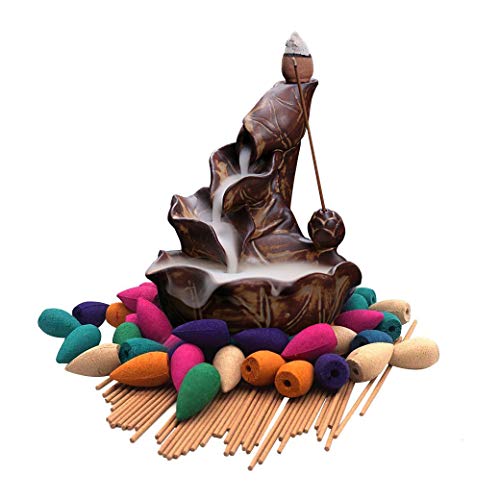 Moylor Lotus Waterfall Incense Burner Set Include 45 pcs Incense Cones and Sticks Backflow Incense Holders for Home Decor, Yoga, Reading, Aromatherapy, Gifts