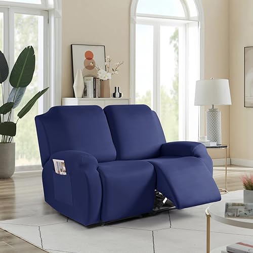 Image of TAOCOCO Stretch Recliner Loveseat Cover 2 Pieces Couch Covers for 2 Seat Reclining Sofa, Soft Polyester Fabric Washable Furniture Protector Loveseat Couch Cover with Pockets (2 Seat, Dark Blue)