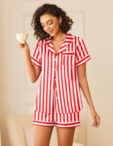Image of Ekouaer Silk Pajamas for Women Button Down Sleepwear 2 Piece Pjs Shorts Set | Classic Short Sleeve Notch Neck Lounge Set with Pockets,Soft Cute Pj Set,Bridal Gifts,Pajama Party,Maternity Outfits
