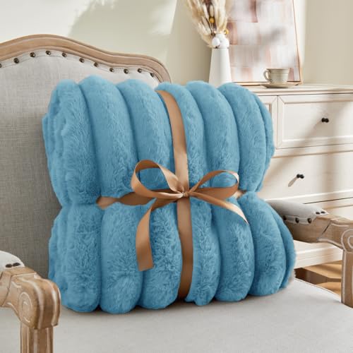 Image of BEDELITE Faux Fur Throw Blanket for Couch, 770GSM, 50 inch x 60 inch, Light Blue | Soft and Cozy Luxurious 3D Striped Fluffy Blanket, Warm Plush Fuzzy Faux Rabbit Fur for Women Gift, Stylish Room Decor